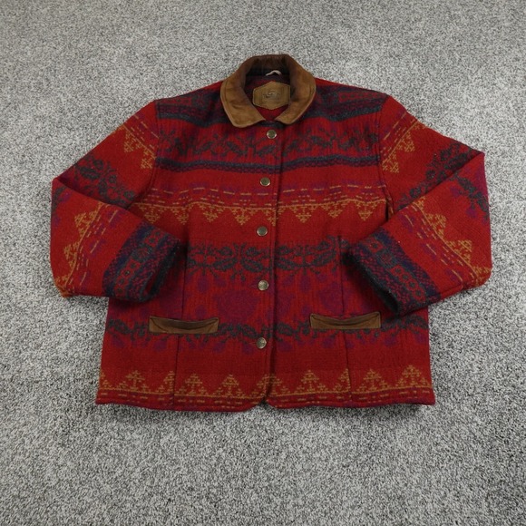 VTG Woolrich Jacket Womens L Red Floral Aztec Navajo Western Heavy Wool Coat USA
